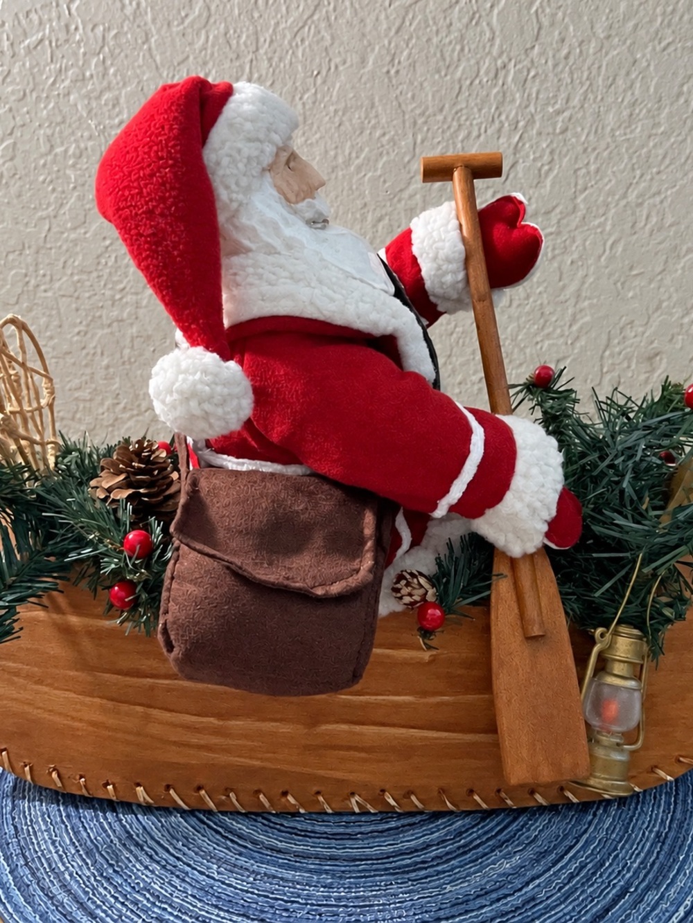Vintage Rustic Santa Canoe Figurine Christmas Centerpiece Folk, Art, Cabin Decor